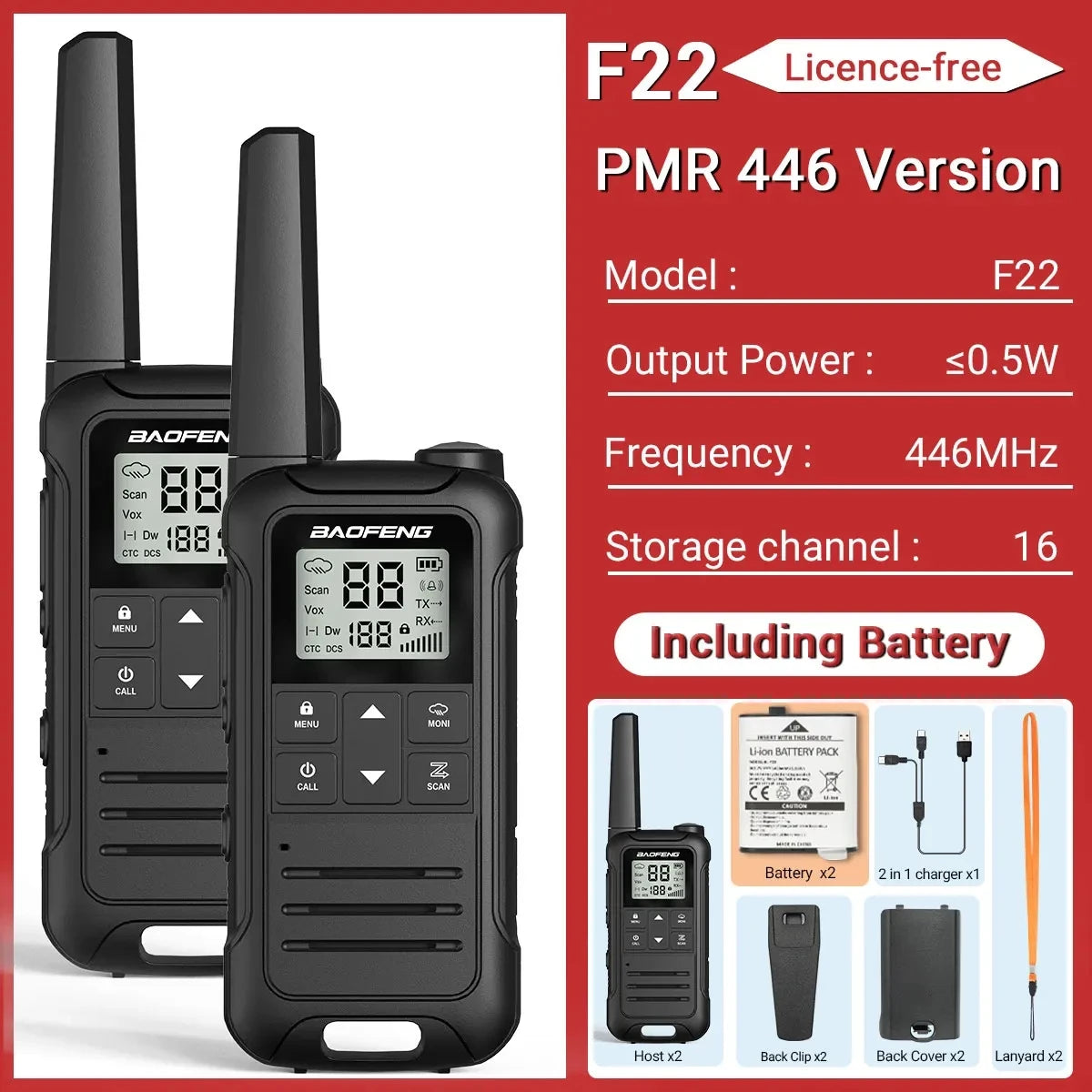 Talkie Walkie sans License Baofeng F22 - Noir