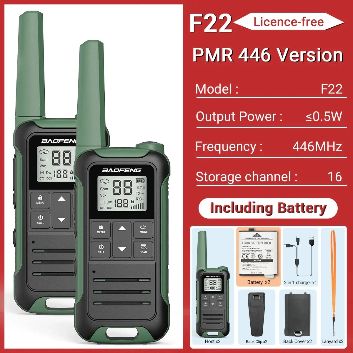Talkie Walkie sans License Baofeng F22 - Vert