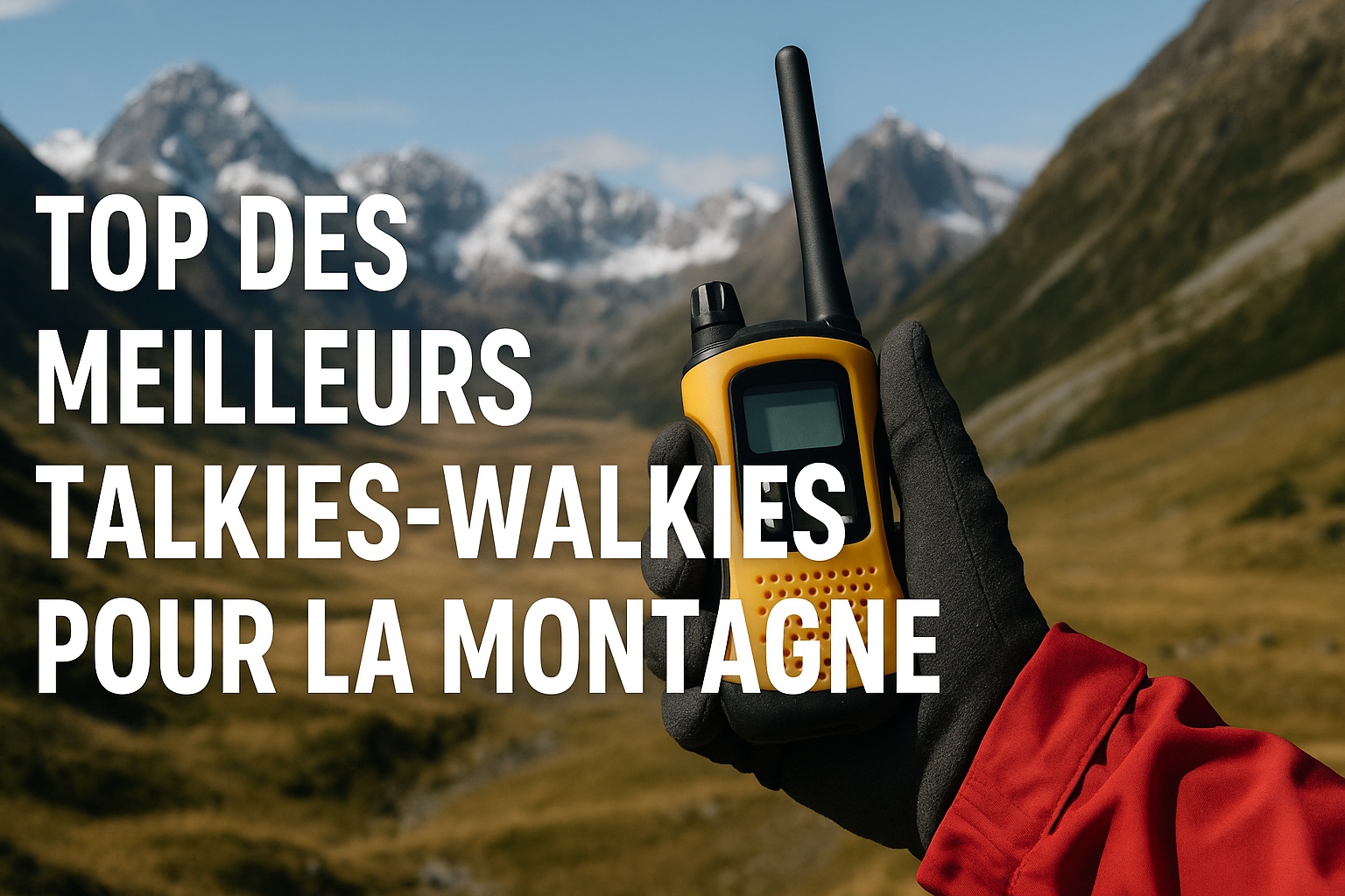 Génère moi une image de couverture au format 1920x1080, pour mon article de blog qui porte sur le top des meilleurs talkies walkies pour la montagne.
