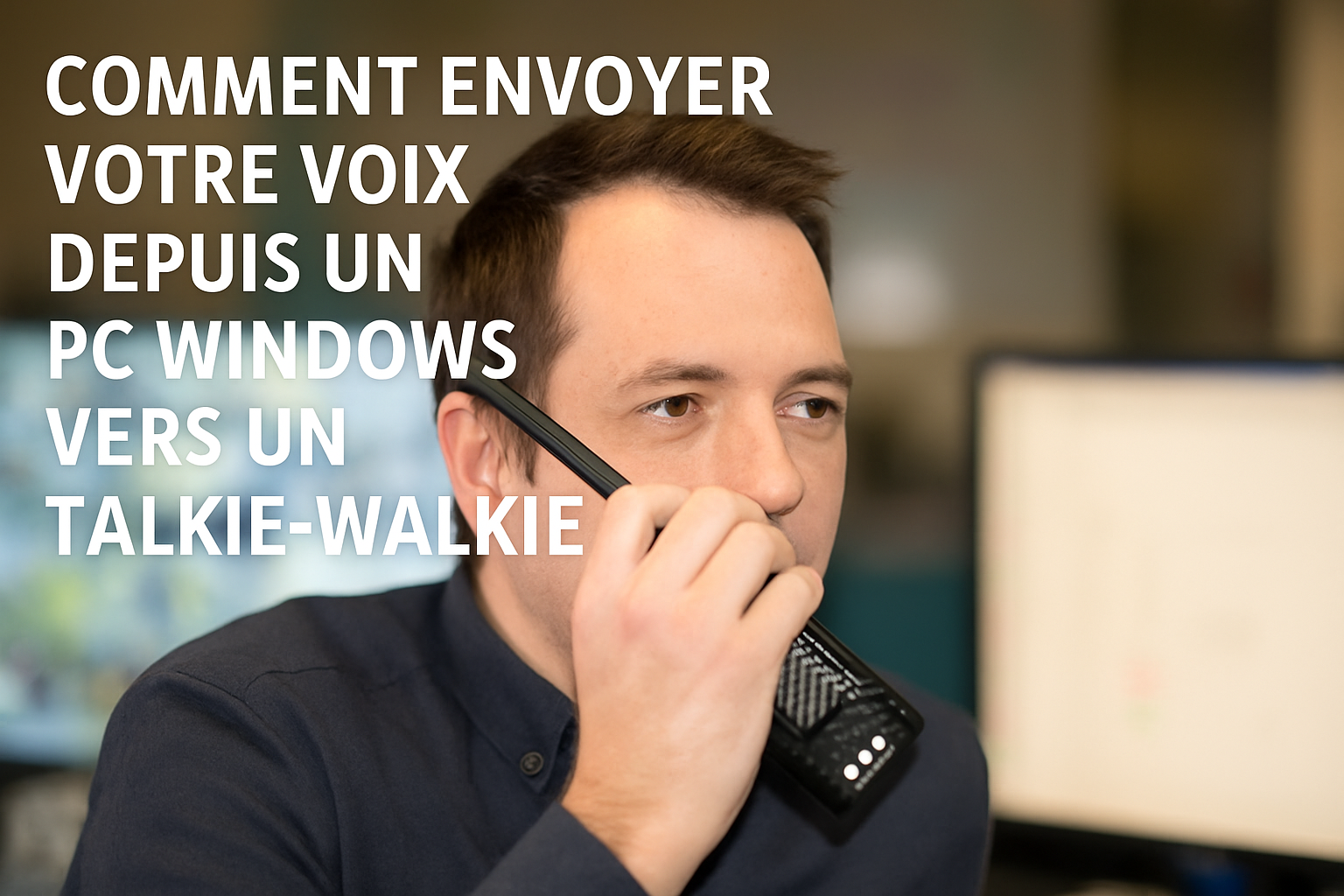 Homme devant des PC avec un talkie walkie Image
